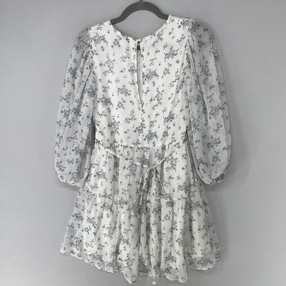 Abercrombie & Fitch Women Dress S White Blue Floral Sheer Balloon Sleeve Chiffon - Picture 8 of 11